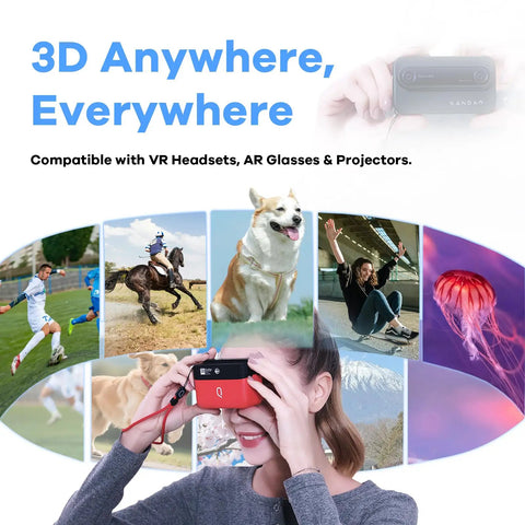 Viewer Integrated 3D VR Camera With 24MP Photos And 8K Stills, 4K60 Video, woman using camera with VR headset and action scenes displayed
