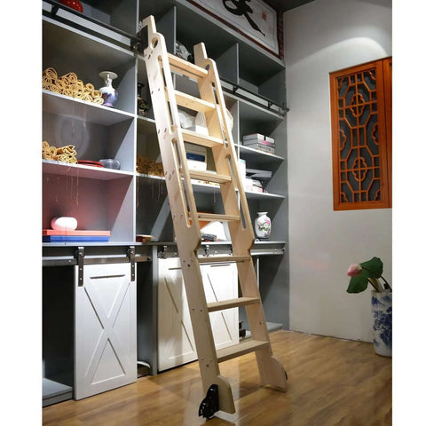 Wooden ladder with Sliding Barn Door Hardware Kit Dope 3.3ft To 20ft Rolling Ladder Track System in rustic library setting