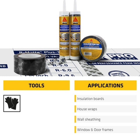 Heavy Duty Clear Insulation Seam Tape 2 Inch X 164 Feet Acrylic Adhesive Roll shown with insulation tools and applications.