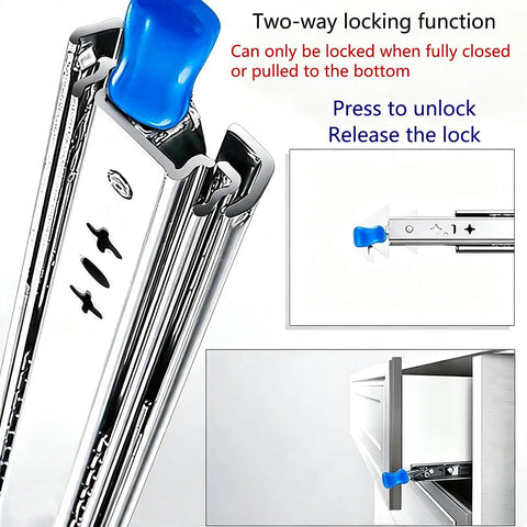 Heavy Duty Ball Bearing Drawer Slides One Pair Smooth Glide Full Extension With Auto Lock Latch showing blue locking mechanism and mount.