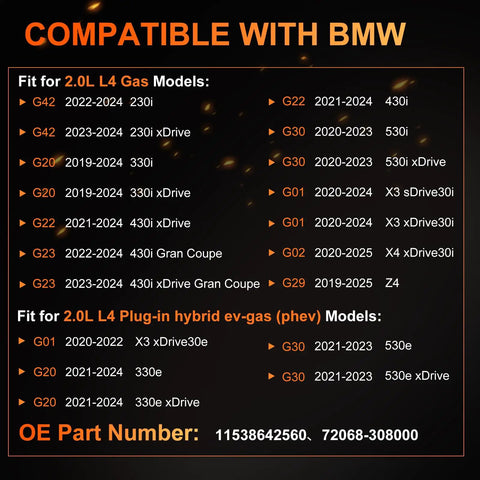 Compatible models list for Direct Fit Heat Management Thermostat Housing Assembly With Sensor for BMW X3 X4 X5 Z4 GT 2019-2024.