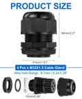 4 Pack M32 Cable Gland Waterproof Nylon Joint For Cable Fixing Wiring Repair Gland Replacement With Four Wire Holes DIY Friendly Easy Install For Electrical Enclosures Appliances Black, showing product size and components