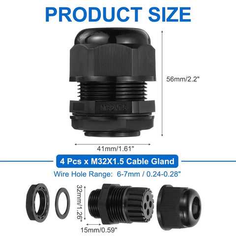 4 Pack M32 Cable Gland Waterproof Nylon Joint For Cable Fixing Wiring Repair Gland Replacement With Four Wire Holes DIY Friendly Easy Install For Electrical Enclosures Appliances Black, showing product size and components