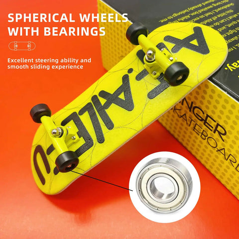 Yellow Pro Fingerboard 32mm Wooden Deck With Deep Concave, 5 Layer Maple Construction, CNC Trucks, Precision Bearings, box background