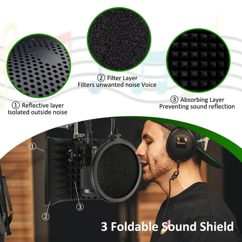Person using the Foldable Microphone Isolation Shield With Stand And Pop Filter For Condenser Mics In Home Studio, High Density Foam