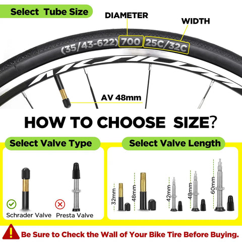 Inner Tube 700C Set With AV48 Schrader Valve Butyl For 700x25C To 700x32C diameter and width selection guide