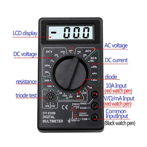 Digital Multimeter DT-830D With AC DC Measurement, Diode And Transistor Test, Continuity Buzzer, Three And A Half Digit LCD Display
