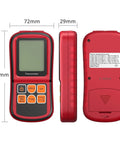 Kamtop digital thermometer front view; red handheld meter with backlit LCD and orange function keys