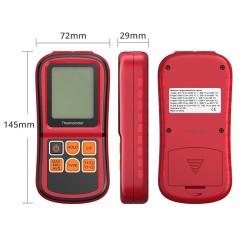 Kamtop digital thermometer front view; red handheld meter with backlit LCD and orange function keys