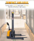 Heavy Duty Full Electric Pallet Stacker Delivering 3300 Lb Capacity And 130 Inch Lift Height Gel Battery Powered Forklift with compact design.