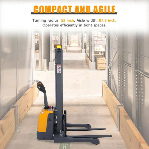 Heavy Duty Full Electric Pallet Stacker Delivering 3300 Lb Capacity And 130 Inch Lift Height Gel Battery Powered Forklift with compact design.