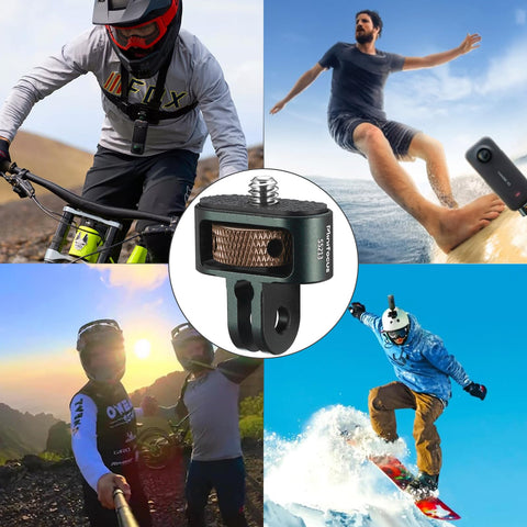 One Quarter Inch Camera Mount Adapter Screw Head For GoPro Hero, DJI, Insta360, Sjcam Action Cameras, surrounded by action sports scenes.
