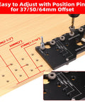 Pro Grade Aluminum Shelf Pin Jig One Quarter Inch Drill Guide For Straight Holes Cabinet Hardware And Woodworking Projects Durable And Precise Ideal For Cabinets Shelves Furniture And Home DIY Projects With Quick Setup And Accurate Drilling showing position pin and offset measurements