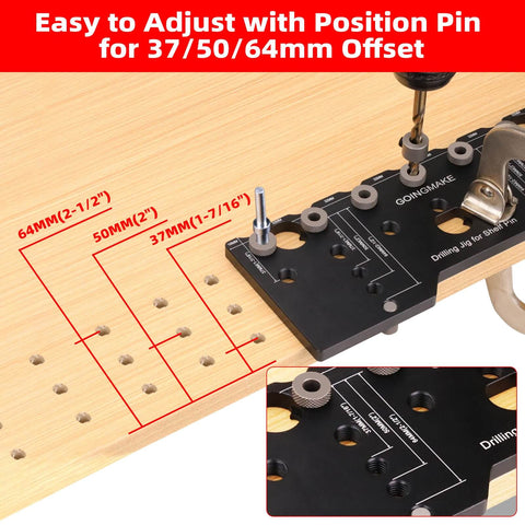 Pro Grade Aluminum Shelf Pin Jig One Quarter Inch Drill Guide For Straight Holes Cabinet Hardware And Woodworking Projects Durable And Precise Ideal For Cabinets Shelves Furniture And Home DIY Projects With Quick Setup And Accurate Drilling showing position pin and offset measurements