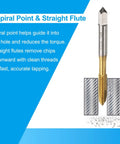 14 Piece Spiral Point Tap Set for Metric Threads M2 to M6 Titanium Coated High Speed Steel Taps for Precise Hand Tapping and Thread Repair Right Hand Cut Straight Flutes for Downward Chip Removal, showing spiral point tap with straight flute in drilling action on metal surface.