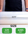 Industrial Heavy Duty Shrink Wrap Stretch Film Roll 18x4265 Foot 120 Gauge Super Tough Plastic Sheet displayed with size marking.