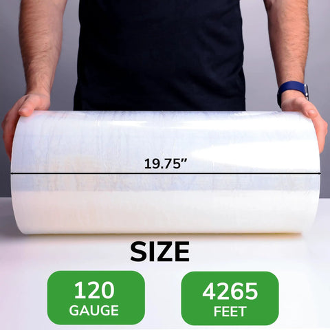 Industrial Heavy Duty Shrink Wrap Stretch Film Roll 18x4265 Foot 120 Gauge Super Tough Plastic Sheet displayed with size marking.