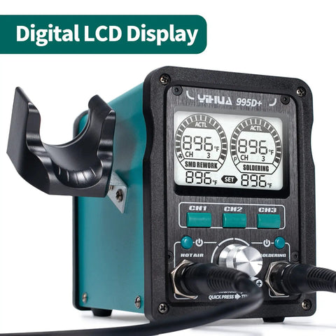 2 In 1 Soldering And Hot Air Station Kit With 110W Soldering Iron, LCD Display, Power Meter, Preset Channels, angled view