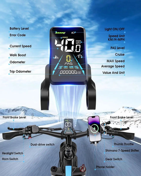 Close-up of LCD display showing speed on 6000W Peak Dual Motor Fat Tire Electric Bike for Adults with handlebar controls visible.
