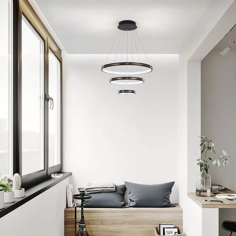 Three Ring Modern LED Pendant Light Dimmable Contemporary Chandelier In Black Acrylic 76W Hanging Fixture in modern room