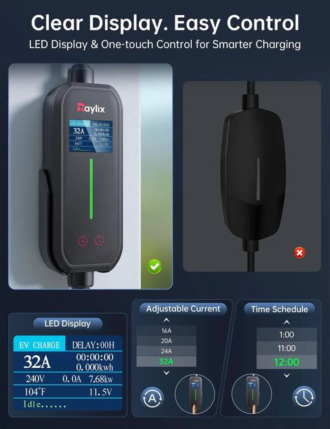 Heavy Duty Level 2 Electric Vehicle Charger With 32 Amp Power And A No Fuss Nema 14 50 Plug showing LED display and control options.