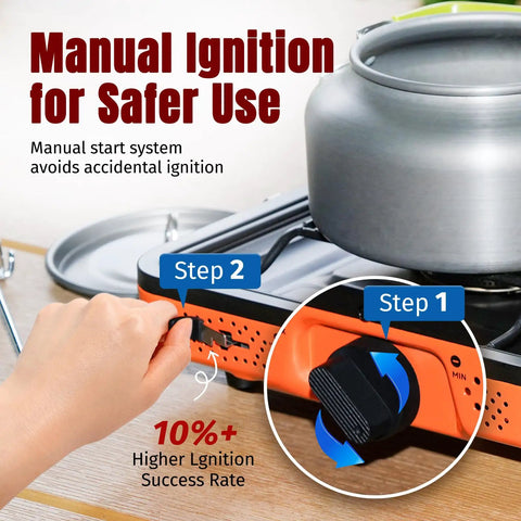Manual ignition feature on Two Burner Portable Camping Stove With Carry Bag No-Fuss 17000 BTU Propane Camp Stove for safe use