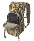 Pro 1075 Backpack in Mossy Oak Bottomland Camo with open expandable kangaroo pocket, wide padded shoulder straps, side view.