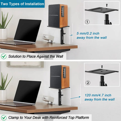 Set Of Two Dope Desktop Monitor Stands With Wall Mount Option showing desk and wall installation options.