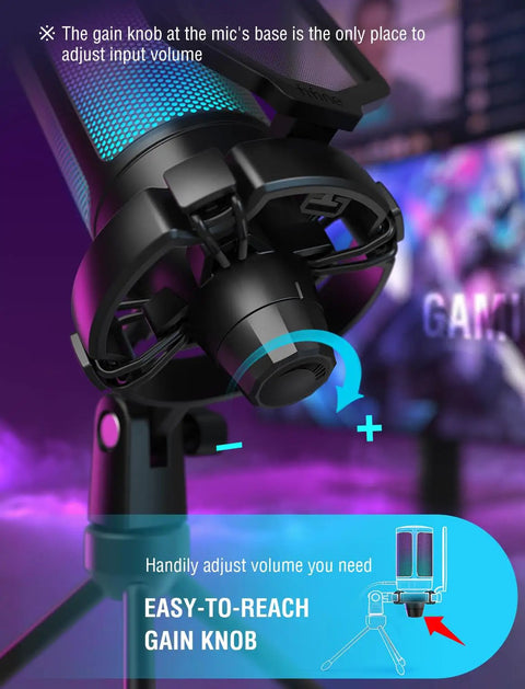 AmpliGame USB Gaming Microphone For PC And PS5 with gain knob, RGB lights, and shock mount on tripod stand.