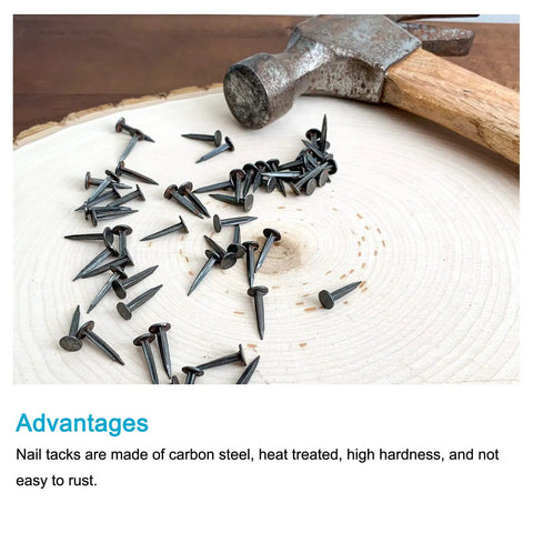 Hella Durable Metal Tack Nails 500 Piece Set Tight Grip Hardware Studs arranged on wood, ideal for wood projects and repairs.