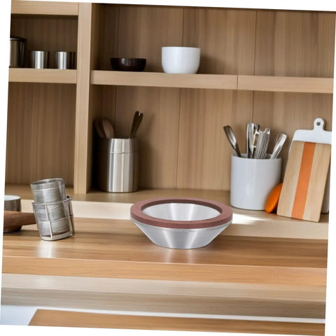 Diamond Concave Cup Grinding Wheel for Sharp Metal And Carbide Tasks Super Versatile Silvertone on wooden kitchen shelf.