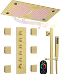 Premium Dual Head Rainfall Shower System With Twenty Six Custom Spray Settings Sweet Brushed Gold Finish, controls and Bluetooth speaker.