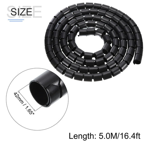 Spiral Tube Wrap Cable Kit and Management Sleeve, 42mm Inner Diameter, PE Flexible Black Wire Harness Protector shown coiled.