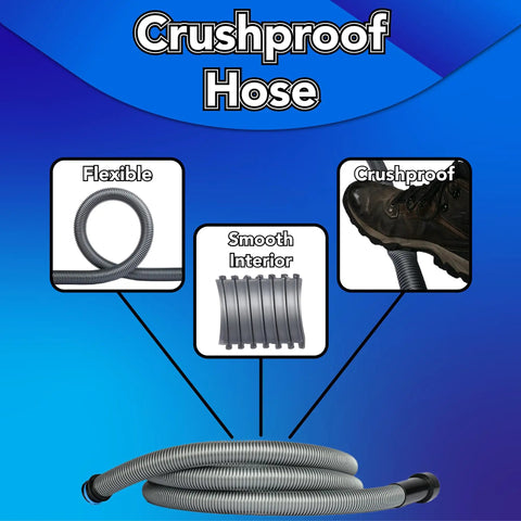 Quick Click 16 Foot Commercial Vacuum Hose With Expanded Multi Brand Power Tool Adapter Set showing flexible crushproof design