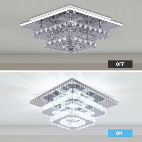 Mini Crystal Chandelier LED Ceiling Light Two Layer Flush Mount Fixture For Hallway Staircase Kitchen And Bathroom Cool White 4500K 30W 110V Non Dimmable With Powder Coated Finish, shown off and illuminated.