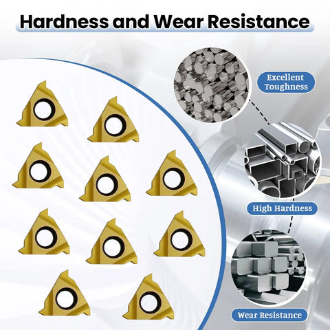 11ER A60 External Threading Carbide Inserts Pack For Steel, featuring 10 triangular inserts, emphasizing toughness and wear resistance.