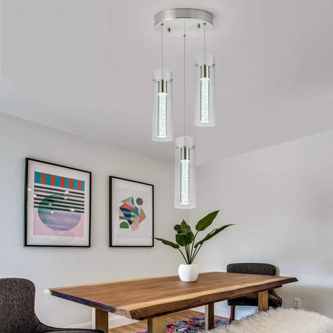 Brushed Nickel Crystal Pendant Light With Adjustable Rod, Modern LED Fixture For Kitchen Island, Dining Room, And Bar, 8W 6000K Warm White
