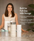 Insulated Stainless Steel Breast Milk Cooler With Cool Gel Ring Keeps Your Milk Ice Cold On The Go For Busy Mamas Who Hate Spills And Lukewarm Bottles with two 11oz bottles on marble table.