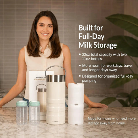 Insulated Stainless Steel Breast Milk Cooler With Cool Gel Ring Keeps Your Milk Ice Cold On The Go For Busy Mamas Who Hate Spills And Lukewarm Bottles with two 11oz bottles on marble table.