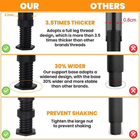 Built Tough As Nails Adjustable Bed Support Legs Six Pack Heavy Duty Telescopic Center Stands with wider and thicker designs