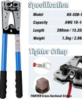 Pro Grade Battery Cable Lug Crimping Tool Kit For AWG Ten To One Zero Wires, HX-50B-TX model with blue handles and crimp details.