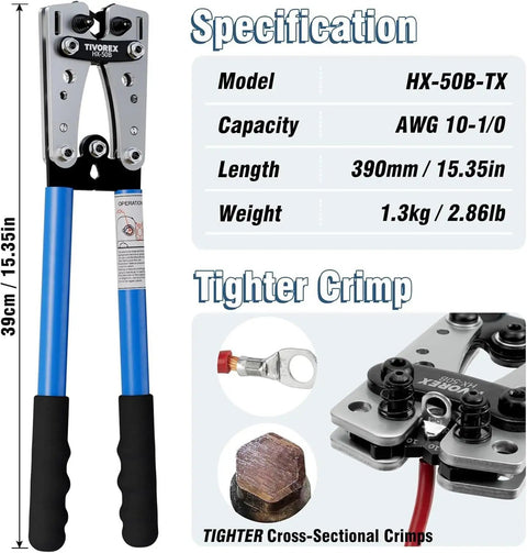 Front view of Battery Cable Lug Crimping Tool Kit for AWG 10 to 1/0 with 64 ring terminals and 110 heat shrink tubing.