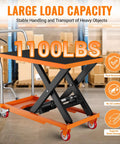 Side view of orange hydraulic lift table cart with black scissor mechanism, four caster wheels and non-slip top pad.