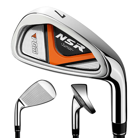 Close-up of iron from Junior Golf Club Set for Right Handed Players: 9 Piece Beginner Kit With Driver, Hybrid, Irons 7 9 Sand Wedge