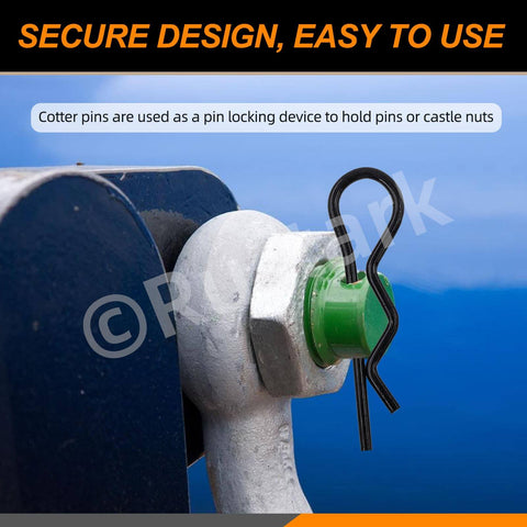 Assorted 100 Piece Pin Fastener Kit With Cotter Pins R Clips Clevis Pins Hair Pins And Hitch Pins In 16 Sizes M2 Through M12 Zinc Plated Black Finish Ideal For Automotive And Mechanical Projects installed on a metal surface