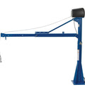 Built Tough AC Power Jib Crane With 1500 Lb Capacity And 66 Inch Telescoping Boom, 360 Swivel, Powered Cable Winch visible in blue finish.