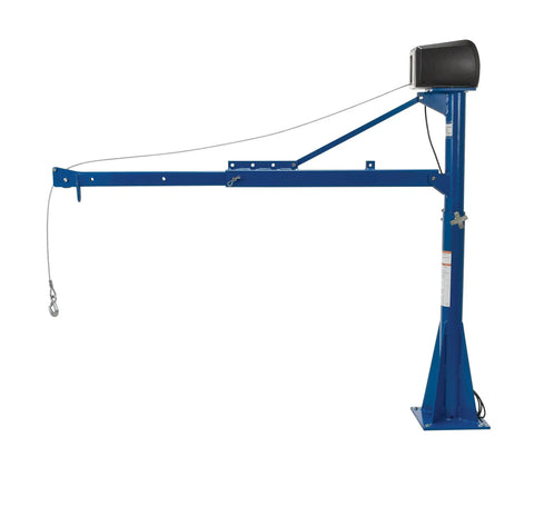 Built Tough AC Power Jib Crane With 1500 Lb Capacity And 66 Inch Telescoping Boom, 360 Swivel, Powered Cable Winch visible in blue finish.