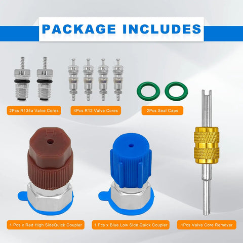 Package includes for R12 To R134A AC Conversion Kit With High And Low Side Fitting Adapters, quick couplers, valve cores, and caps.