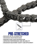 Close-up of 40 Roller Chain 3 Feet With 1 Connecting Link ANSI 0.500 Pitch Heavy Duty, showcasing pre-stretched durability features.
