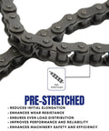 40 Roller Chain 10 Foot With One Connecting Link for Go Karts, Mini Bikes, Scooters, ATVs, Dirt Bikes and Industrial Machinery, 0.5 Inch Pitch, 4000 Lbs Tensile, 0.415 Lbs Per Foot, Precision Heat Treated. pre-stretched chain close-up